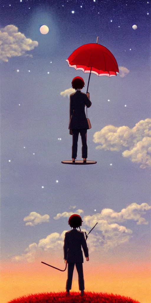 Image similar to a realistic cell - shaded studio ghibli concept art from paprika ( 2 0 0 6 ) of a man with an umbrella standing on a floating cube from close encounters of the third kind ( 1 9 7 7 ) on a misty starry night. very dull colors, hd, 4 k, hq