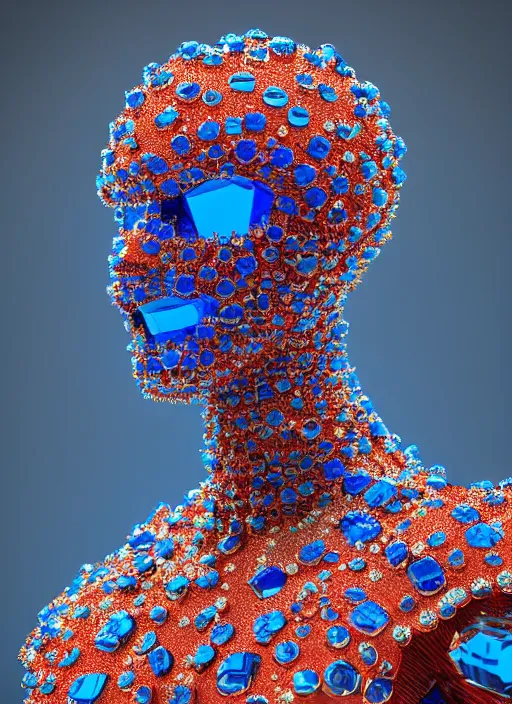 Prompt: a statue made of blue glass and red jewels, of dr. eggman wearing alexander mcqueen, transhumanism, full body shot, perfect symmetrical body, perfect symmetrical face, hyper realistic, hyper detailed, by johannen voss, by peter kemp, by monia merlo, by michelangelo, octane render, blender, 8 k