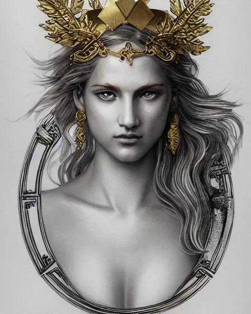 Image similar to front view of beautiful aphrodite greek goddess wearing a gold laurel wreath and triangle earrings, realism tattoo sketch, beautiful piercing eyes with sharp pupils, beautiful blonde hair, in the style of greg rutkowski, fantasy, amazing detail, epic, elegant, smooth, sharp focus