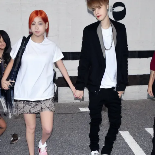 Prompt: justin bieber holding hands with Dahyun