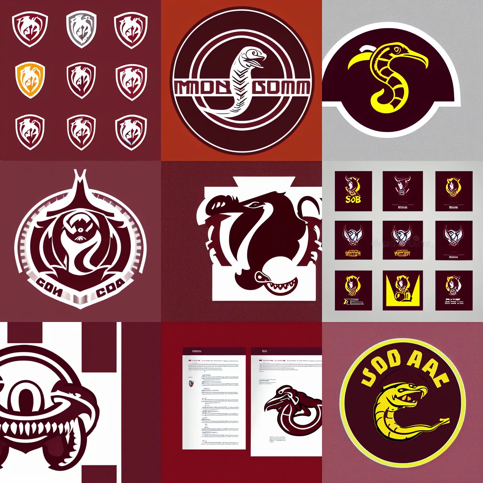 Prompt: Brand guidelines for a sports team with a cobra mascot looking right, maroon and white, vector logo, professional graphic design, no text