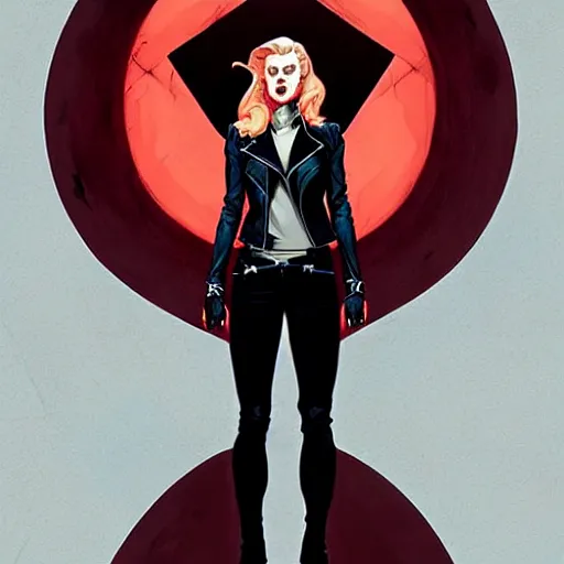 Image similar to rafael albuquerque comic art, peter mohrbacher, steve niles, phil noto, artgerm, pretty scarlett johansson vampire sharp vampire teeth open mouth, symmetrical eyes, black leather jacket, jeans, long blonde hair