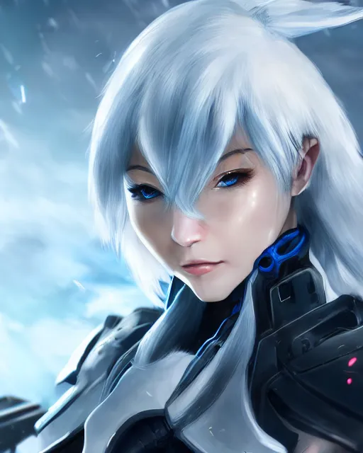 Image similar to perfect white haired girl, warframe armor, beautiful, dreamy, half asian, pretty face, blue eyes, detailed, windy weather, scifi platform, laboratory, experiment, 4 k, ultra realistic, epic lighting, cinematic, high detail, masterpiece, akihito tsukushi