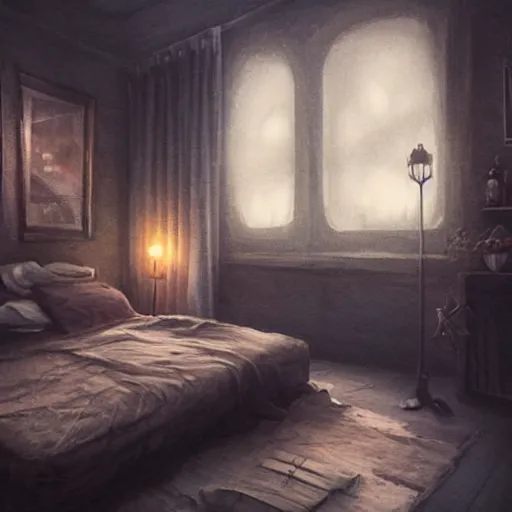 Prompt: cozy rustic bedroom that is dimly lit with a night view of new york in heavy mist, gothic punk style, highly detailed, artstation, concept art