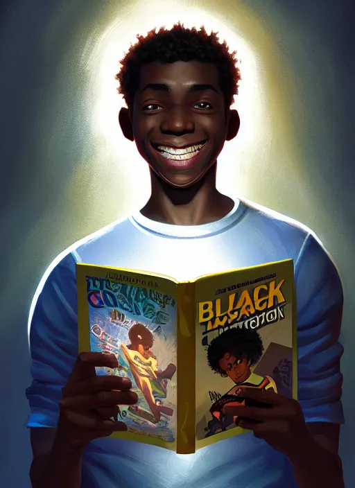 Image similar to portrait of teenage chuck clayton, black teenage boy, short curly hair, short hair square jaw, slight excited smile, reading a comic book, intricate, elegant, glowing lights, highly detailed, digital painting, artstation, concept art, smooth, sharp focus, illustration, art by wlop, mars ravelo and greg rutkowski