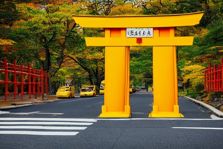 Image similar to Yellow school bus, driving towards a red japanese Torii gate, New York location in USA, ray tracing, high detail, 4K