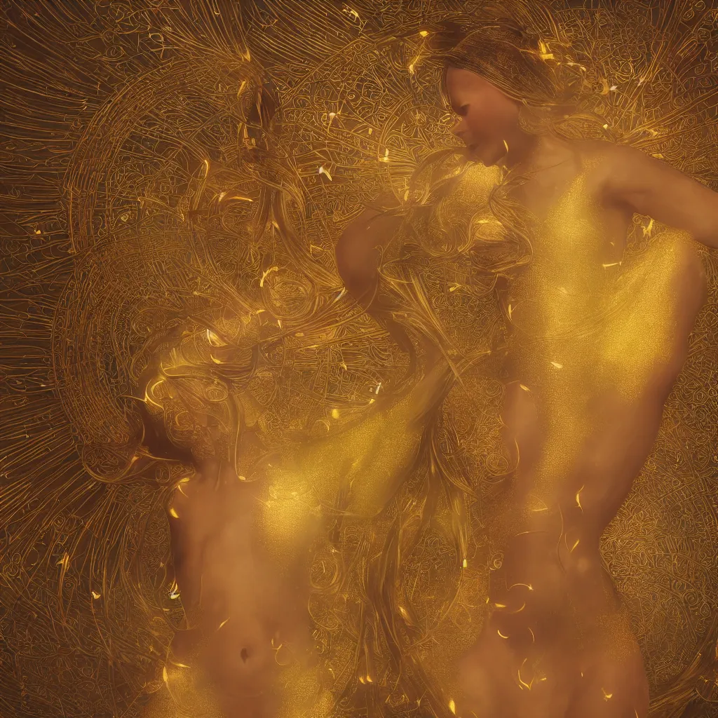 Image similar to radiant human body with thin golden lines, sparks and white cloth, Art Nouveau, Alphonse Mucha, cinematic realistic photo, octane render