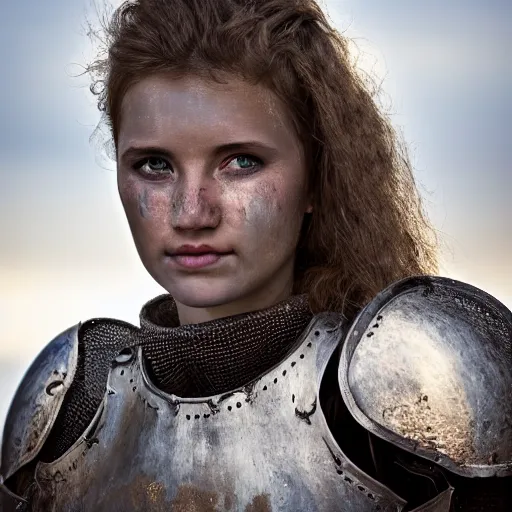 Prompt: head and shoulders portrait of a female knight, broken armor, lightly dirty face, detailed face, photography by paul schutzer, dramatic mountain background, golden hour, hq