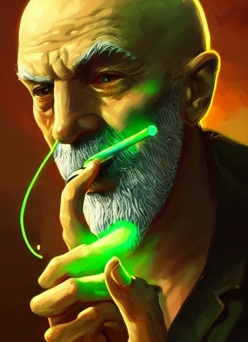 Image similar to a highly detailed illustration of bald old man smoking with green glowing eyes, dramatic cigarette in mouth pose, nuclear background, intricate, elegant, highly detailed, centered, digital painting, artstation, concept art, smooth, sharp focus, league of legends concept art, wlop.