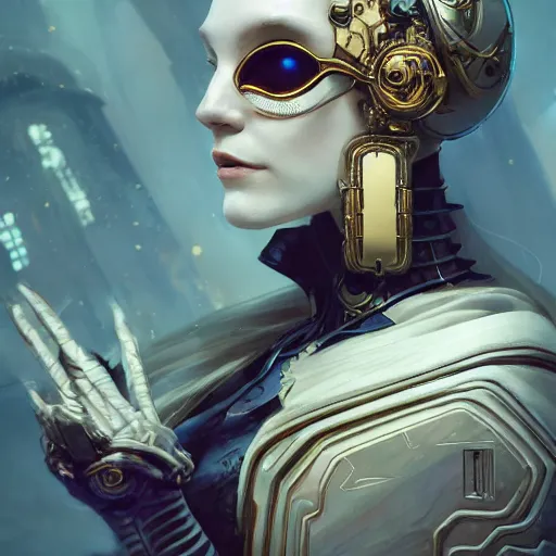 Image similar to a cyborg empress with mask, art nouveau ivory accessories, cyberpunk, darksynth, luxury, concept art by jama jurabaev, extremely detailed, ominous, ethereal, artstation, andree wallin, edvige faini, balaskas, alphonse mucha, symmetry