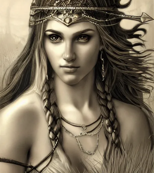 Image similar to beautiful aphrodite goddess wearing an arrow on her head, realistic face, beautiful eyes, black and white drawing, in the style of greg rutkowski, fantasy, amazing detail, epic, intricate, elegant, smooth, sharp focus