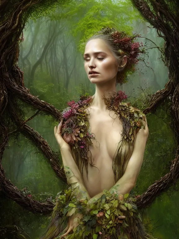 Prompt: Full View Portrait Mystical ethereal woodland deity wearing beautiful dress, Oak Dryad made of vines tree bark moss beautiful dress, 4k digital masterpiece by Greg Rutkowski and Ruan Jia and Tom bagshaw, Alberto Seveso, fantasycore, Hyperdetailed, realistic oil on linen, soft lighting, kush background, featured on Artstation, textured, stylized, intricate details