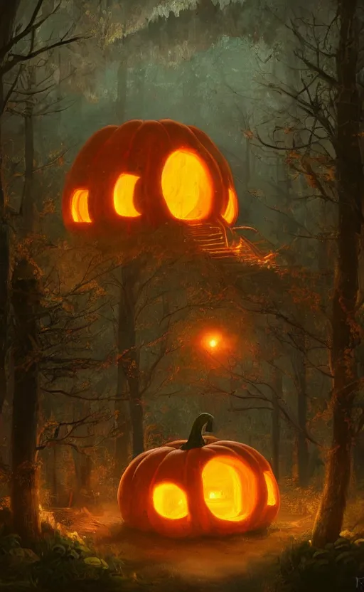 Image similar to a giant pumpkin cabin in the middle of a forest at night, the lights are on, dynamic lighting, photorealistic fantasy concept art, trending on art station, stunning visuals, creative, cinematic, ultra detailed