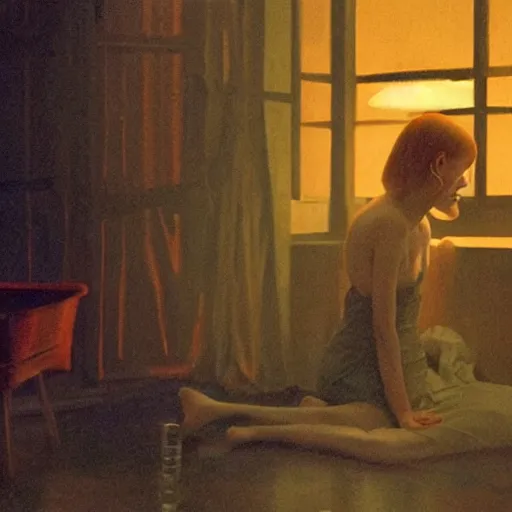 Image similar to Elle Fanning drinking blood at night at night in the world of Edward Hopper, creepy basement room, flickering lights, extremely detailed masterpiece, oil on canvas, low-key neon lighting, artstation, Blade Runner 2049, Roger Deakin’s cinematography, by J. C. Leyendecker and Peter Paul Rubens,