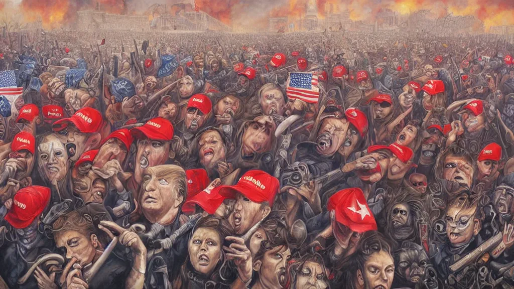 Prompt: a surreal painting by “ chris mars ” of a closeup view of the january 6 capitol riot led by “ donald trump ”. rioters are furious and are wearing red maga hats. highly - detailed contemporary artwork.