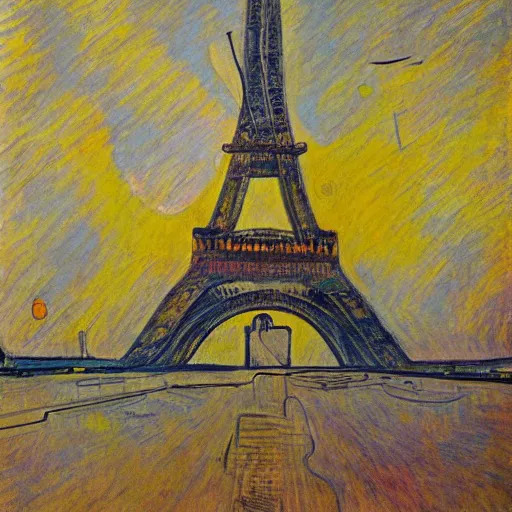 Image similar to starship enterprise in the sky, background eiffel tower, oil painting by toulouse lautrec, wallpaper