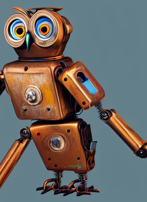 Image similar to colored pencil and pen drawing of an animatronic robot owl, bird made from rusty old keys and padlocks, 4 k photorender realityengine