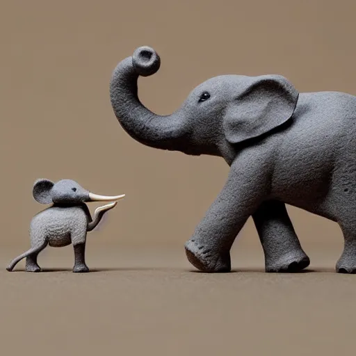 Prompt: elephant dancing with a mouse in claymation style tilt shift sharp focus dynamic lighting