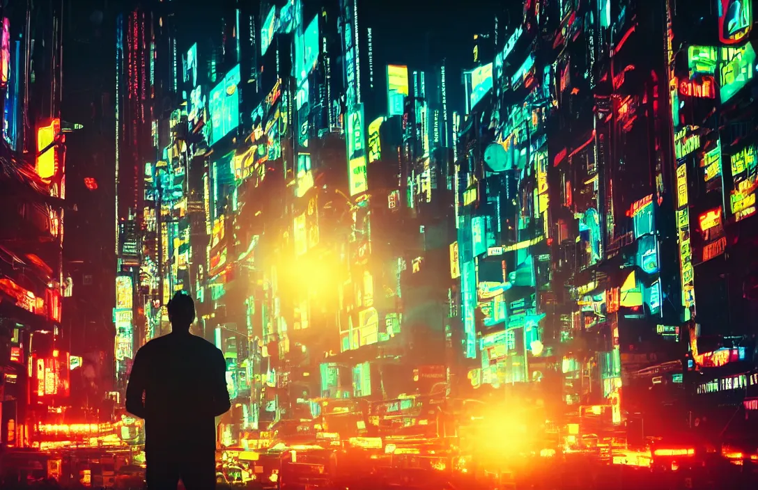 Prompt: man standing in front of a cyberpunk city, neon lights, bokeh, award wining photograph, movie still,