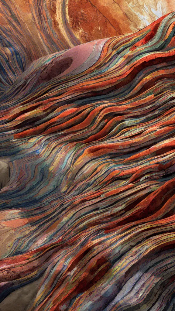 Image similar to vivid color, sedimentary schematic, organic swirling igneous rock, marbled veins, architectural drawing with layers of strata, ochre, sienna, gray, olive, dramatic lighting, rock texture, sand by James jean, geology, octane render in the style of Luis García Mozos