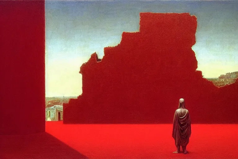 Image similar to only with red, caesar after war, the great deal, a red tiger, in hoc signo vinces, rome in background, an ancient path, in the style of beksinski, part by hopper, part by rodcenko, part by hofbauer, intricate composition, red by caravaggio, insanely quality, highly detailed, masterpiece, red light, artstation