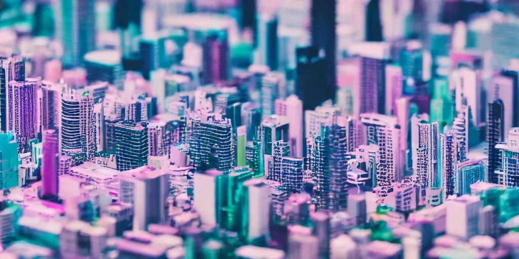 Prompt: macro photo of a miniature vaporwave city, canon 8 0 d, canon 1 0 0 mm f / 2. 8, 4 k,