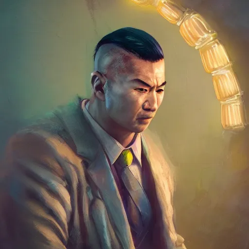 Image similar to portrait painting of a 4 0 - something mob boss, crew cut, fierce, like sun honglei by wenjun lin, irakli nadar, bright colors, octopath traveler, wenjun lin, unreal engine 5 highly rendered, global illumination, radiant light, detailed and intricate environment