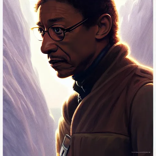 Image similar to portrait giancarlo esposito as han solo, intricate elegant, highly detailed, digital painting, artstation, concept art, smooth, sharp focus, illustration, art by artgerm and greg rutkowski! and, heavily influenced by frank frazetta and boris vallejo, sword and sorcery