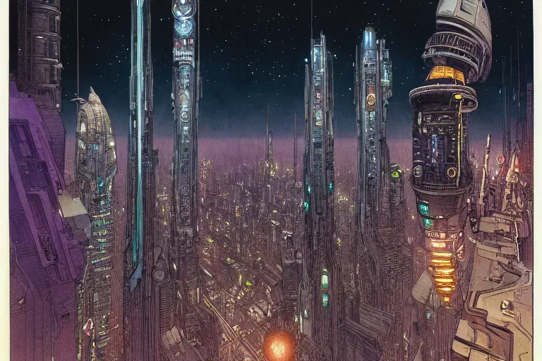 Prompt: a scifi illustration, Night City on Coruscant by m w kaluta