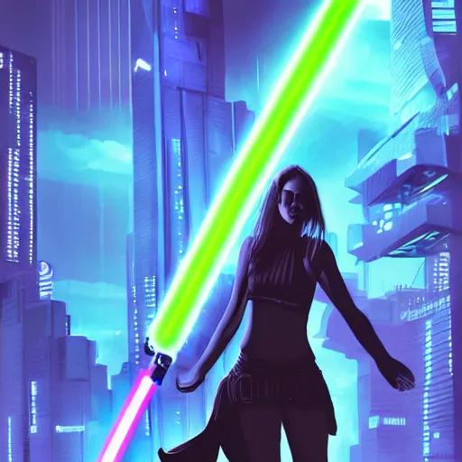 Prompt: a girl with a lightsaber in a neon cyberpunk city at night, art station, digital art, cinematic