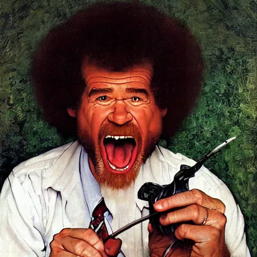 Image similar to bob ross screaming at his painting by norman rockwell