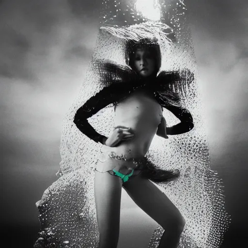 Image similar to medium format photograph of a surreal fashion shoot underwater with lightning strikes and neon fish