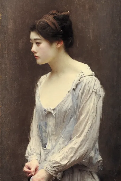 Image similar to Solomon Joseph Solomon and Richard Schmid and Jeremy Lipking victorian genre painting full length portrait painting of a young beautiful woman from japan