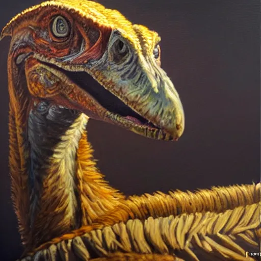 Image similar to oil painting of a velociraptor on canvas, by James gurney, realism, warm lighting, award winning, high detail, professional, volumetric lighting