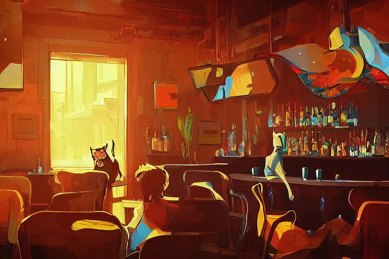 Prompt: a digital art of a cat sits on a chair in a bar in the afternoon, the sun shines in, animal, light effect, highly detailed, by anton fadeev