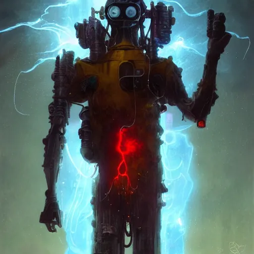 Image similar to medium shot of a ghostly transparent yellow lightning elemental humanoid with red and blue goggles shooting lightning bolt, cyberpunk concept art by pete mohrbacher and seb mckinnon and beksinski and josan gonzales, digital art, highly detailed, intricate, sci-fi, sharp focus, Trending on Artstation HQ, deviantart, unreal engine 5, 4K UHD image