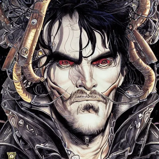 Image similar to portrait closeup of crazy captain hook, galleons around, symmetrical!!!, hyper detailed, by yoichi hatakenaka, masamune shirow, josan gonzales and dan mumford, ayami kojima, takato yamamoto, barclay shaw, karol bak, yukito kishiro