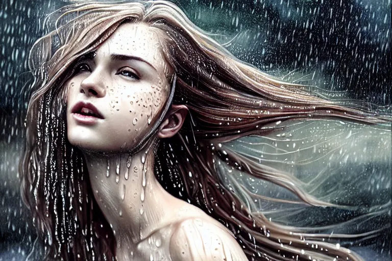 Prompt: girl flying freely in rain with wet hair and face, fantasy, elated face, intricate, elegant, dramatic lighting, emotionally evoking symbolic metaphor, highly detailed, lifelike, photorealistic, digital painting, artstation, concept art, smooth, sharp focus, illustration, art by John Collier and Albert Aublet and Krenz Cushart and Artem Demura and Alphonse Mucha