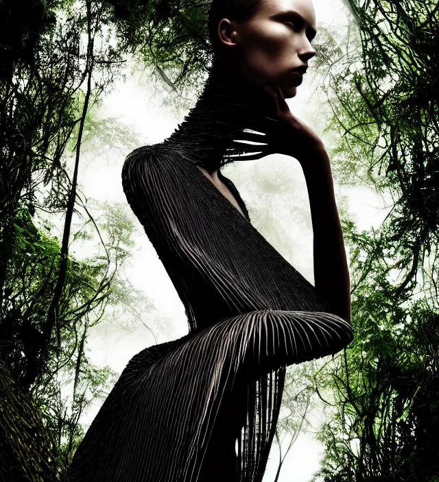 Image similar to photography face portrait of one female fashion model in rainforest, wearing one organic futurist cape designed by iris van herpen,, photography by paolo roversi nick knight, helmut newton, avedon, and araki, sky forest background, natural pose, highly detailed, skin grain detail