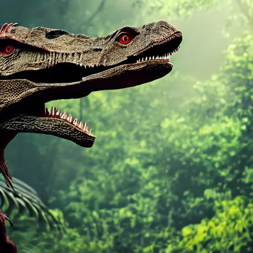 Prompt: Velociraptor dinosaur, walking in the jungle, the velocirapter has blood on its teeth, 8k, professional photography, cinematic shot, dark, smoke