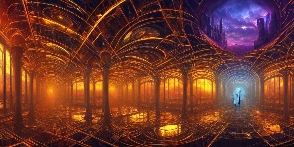 Prompt: inside an infinite hall of mirrored time portals, hall of mirrors, in style of dan mumford and thomas kinkade , 8k resolution, Ultrafine Details,Hyper detailed digital matte painting, concept art, hyperrealism, beautiful, fractal