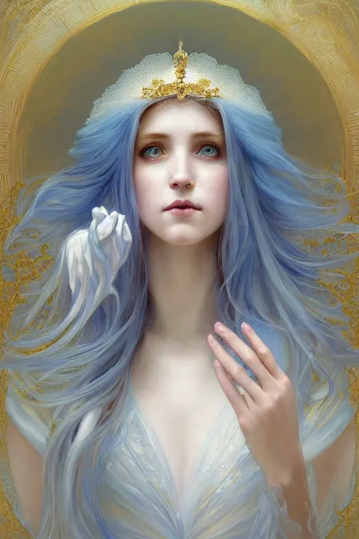 Image similar to portrait of white ghost, fantasy, gradient white blue grey, dreamy and ethereal, blue eyes, golden ratio, peaceful expression, ornate frilly dress, fantasy, intricate, elegant, rainbow bubbles, highly detailed, digital painting, artstation, concept art, smooth, b sharp focus, illustration, art by artgerm and greg rutkowski and alphonse mucha