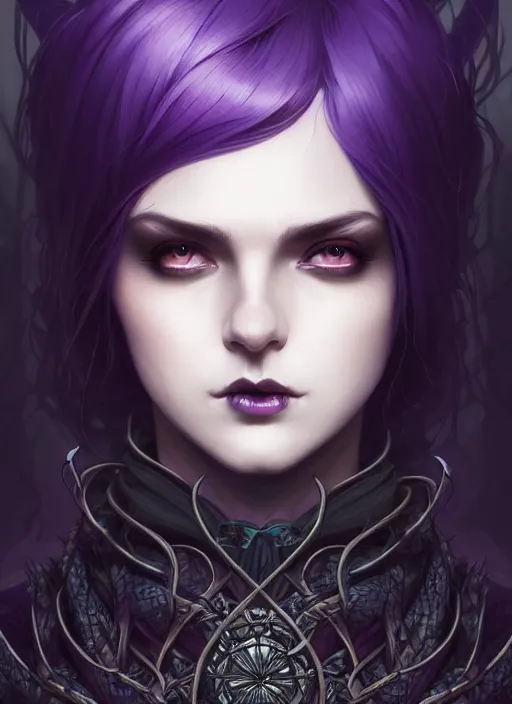 Prompt: symmetrical close up portrait dark witch, adventurer outfit large cloak, fantasy forest landscape, dragon scales, fantasy magic, undercut hairstyle, short purple black fade hair, dark light night, intricate, elegant, sharp focus, illustration, highly detailed, digital painting, concept art, matte, art by wlop and artgerm and greg rutkowski and alphonse mucha, masterpiece