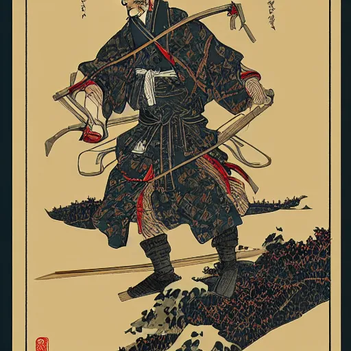 Image similar to by hokusai, samurai man vagabond, the samurai holds chains, detailed, editorial illustration, matte print, concept art, ink style, sketch, digital 2 d