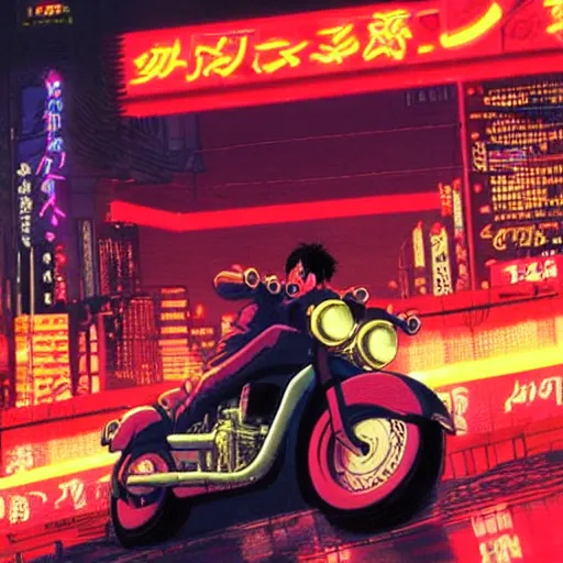 Prompt: kaneda on his motorcycle in neo tokyo looking for akira, night, neon lights, speed, art by katsuhiro otomo, ultra detailed, 8 k