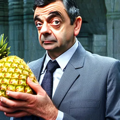 Prompt: rowan atkinson as mr. beans stealing a pineapple from target store, johnny english, focused face, realistic photo, uhd