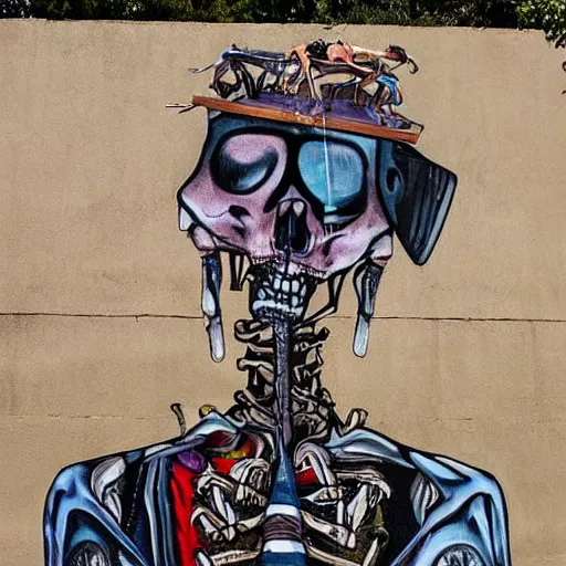 Prompt: The body art features a human figure driving a chariot. The figure is skeletal and frail, with a large head and eyes. The chariot is pulled by two animals, which are also skeletal and frail. street art by Austin Briggs, by Chris Uminga mood