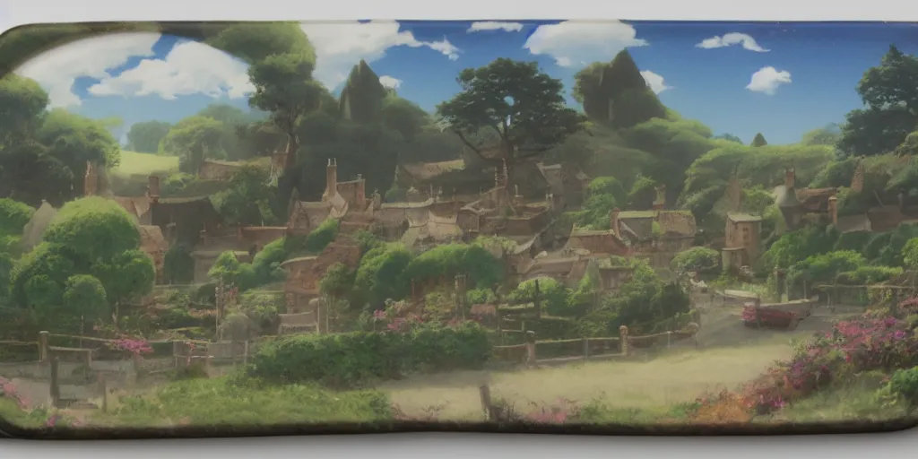 Image similar to background plate matte painting ghibli pixar dreamworks vista english countryside.