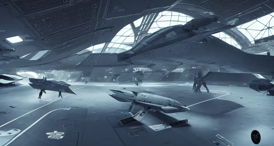 Prompt: inside the hangar of a starship, pilots run towards a fighter craft, in the style of coriolis rpg, realistic, dark sci - fi, by rutkowski, 8 k, octance render, artstation