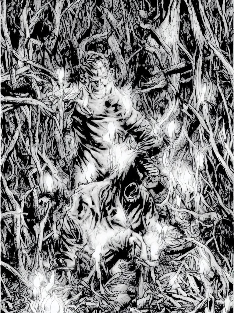 Image similar to sandman surrounded by candles in a deserted forest by lee bermejo